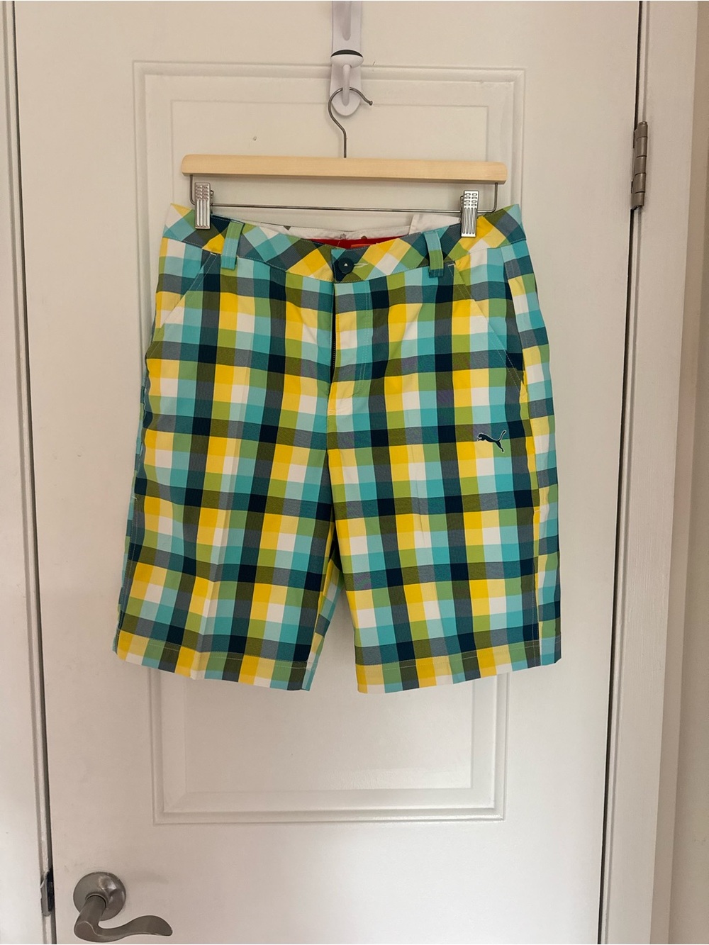 Puma Multi-Color Plaid Golf Shorts - Yellow, Teal, Navy - Size 31